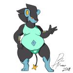  2018 anthro baron_montesque black_fur bulge cel_shading clothed clothing crossdressing digital_media_(artwork) feline fur hi_res luxray male mammal navel nintendo one-piece_swimsuit overweight peace_sign_(disambiguation) pok&eacute;mon pok&eacute;mon_(species) red_sclera simple_background slightly_chubby smile solo standing swimsuit video_games white_background 