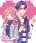  1girl :d absurdres bag black_shirt blue_eyes blue_jacket blush brown_eyes brown_hair coin earrings frown glasses handbag hetero highres jacket jewelry looking_at_another momose_narumi nifuji_hirotaka nyaa_(nnekoron) open_mouth otaku_ni_koi_wa_muzukashii piggy_bank pocket purple_hair shirt smile standing striped striped_shirt wristband 