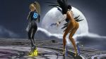  2girls 3d ass back bare_back bayonetta bayonetta_(character) black_hair blonde_hair bodysuit curvy full_body gun heels hips holding holding_gun holding_weapon huge_ass legs long_hair metroid multiple_girls nintendo ponytail samus_aran short_hair standing super_smash_bros. thick_thighs thighs tied_hair weapon wide_hips 