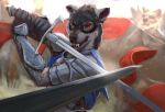  2018 anthro armor blindcoyote blue_eyes canine digital_media_(artwork) male mammal melee_weapon rakan scar sword weapon were werewolf wolf 
