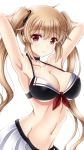  ahoge alternate_costume amou_yuu armpits arms_behind_head bangs bikini black_ribbon blush breasts brown_eyes cleavage collarbone commentary_request eyebrows_visible_through_hair groin hair_between_eyes hair_ribbon kantai_collection light_brown_hair light_smile long_hair looking_at_viewer murasame_(kantai_collection) navel ribbon sidelocks simple_background smile solo stomach swimsuit twintails white_background 