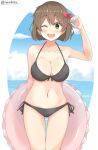  ;d alternate_costume bare_shoulders bikini black_bikini blush bow breasts brown_hair chaa_(korone-ze) cleavage collarbone cowboy_shot eyebrows_visible_through_hair hair_bow highres hiryuu_(kantai_collection) kantai_collection large_breasts looking_at_viewer navel one_eye_closed open_mouth outside_border red_bow short_hair smile solo swimsuit twitter_username 