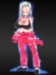  1girl android_18 bare_arms bare_shoulders black_background blonde_hair blue_eyes bob_cut breasts cleavage clenched_hands closed_mouth clothes_around_waist dragon_ball dragon_ball_super erect_nipples feet fighting_stance full_body highres large_breasts legs legs_apart looking_at_viewer midriff rickert_kai serious shoes short_hair simple_background sleeveless standing tank_top thighs track_suit 