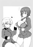  2girls absurdres bangs blouse blush bomber_jacket breast_grab breasts cowboy_shot cup darjeeling dress_shirt emblem girls_und_panzer grabbing greyscale hair_between_eyes heart highres huge_breasts jacket kuromorimine_military_uniform large_breasts long_sleeves looking_at_another military military_jacket military_uniform miniskirt monochrome multiple_girls nishizumi_maho pleated_skirt shanaharuhi shirt short_hair sitting skindentation skirt smile spoken_ellipsis spoken_heart st._gloriana's_military_uniform standing teacup thighs tied_hair unbuttoned uniform yuri 