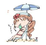  bikini brown_eyes brown_hair chibi cup drinking_glass drinking_straw eyebrows_visible_through_hair flower full_body hair_between_eyes hair_flower hair_ornament holding holding_cup kantai_collection kuromaru_(dottomatto) littorio_(kantai_collection) long_hair navel parasol ponytail red_bikini simple_background sitting solo swimsuit umbrella wavy_hair white_background 