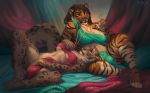  anthro breasts bulge clothed clothing dickgirl duo feline honovy intersex jewelry lying mammal on_back sitting smile spread_legs spreading tiger 