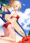  :d ass bangs bare_arms bare_legs bare_shoulders beach bikini blonde_hair blue_sky blush breasts cloud cloudy_sky commentary_request day dutch_angle eyebrows_visible_through_hair fang fate/grand_order fate_(series) feet_out_of_frame flower green_eyes highres kneeling long_hair medium_breasts moemoe3345 mordred_(fate)_(all) mordred_(swimsuit_rider)_(fate) open_mouth outdoors parted_bangs ponytail prydwen red_bikini red_flower sand side-tie_bikini sidelocks sky smile solo surfboard swimsuit 