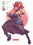  2018 5_fingers alternate_species animal_humanoid armband big_breasts blonde_hair blue_eyes bowser bowsette breasts cleavage clothed clothing collar crossgender dark_skin dress female grin hair hi_res high_heel_shoes horn horned_humanoid humanoid humanoidized looking_at_viewer mario_bros nintendo post_transformation reptile reptile_humanoid scalie shell simple_background smile solo spiked_collar spiked_shell spikes supersatanson video_games 