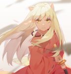  absurdres animal_ears dog_ears frown highres inuyasha inuyasha_(character) japanese_clothes jewelry limao_jun long_hair male_focus necklace simple_background sword weapon white_hair yellow_eyes 