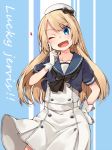  ;d blonde_hair blue_eyes character_name collarbone commentary_request eriaru gloves hat index_finger_raised jervis_(kantai_collection) kantai_collection long_hair looking_at_viewer one_eye_closed open_mouth ribbon smile solo twitter_username white_gloves 