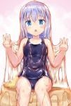 arms_up bangs bare_arms bare_shoulders blue_eyes blue_hair blue_swimsuit blush breasts butter chestnut_mouth collarbone commentary_request covered_navel double_w eyebrows_visible_through_hair food food_on_body food_on_face food_on_head gochuumon_wa_usagi_desu_ka? hair_between_eyes hair_ornament hairclip hands_up highres honey in_food kafuu_chino long_hair looking_at_viewer minigirl naka navel object_on_head one-piece_swimsuit open_mouth pancake saliva school_swimsuit simple_background sitting sitting_on_food small_breasts solo swimsuit thighs w wet white_background x_hair_ornament 