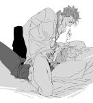  anger_vein angry archer bush censored dark_skin dark_skinned_male facial fate/stay_night fate_(series) fellatio greyscale grin hand_in_another's_hair irrumatio lancer long_hair looking_at_another male_focus monochrome multiple_boys oral penis shirt smile straddling t-shirt tatsuta_age yaoi 