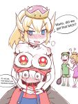  2girls blonde_hair blood blue_eyes blush bowsette bracelet breast_rest breasts breasts_on_head censored collar crown dress_pull earrings english eyebrows eyebrows_visible_through_hair fang forked_eyebrows greenteaneko jewelry luigi mario mario_(series) mario_tennis multiple_boys multiple_girls new_super_mario_bros._u_deluxe nipple_censor nosebleed novelty_censor open_mouth pointy_ears ponytail princess_peach racket source_request speech_bubble spiked_bracelet spiked_collar spikes sportswear super_crown super_mario_bros. tennis_racket tennis_uniform 