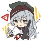  assault_rifle bad_id bad_twitter_id bangs blush boots brown_eyes chibi commentary english english_commentary eyebrows_visible_through_hair flat_cap full_body g11 g11_(girls_frontline) girls_frontline green_hat green_jacket grey_hair gun hair_between_eyes hat hitsukuya holding holding_gun holding_pillow holding_weapon jacket looking_at_viewer object_namesake parted_lips pillow red_footwear rifle shirt sitting solo weapon white_background white_shirt 