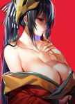  azur_lane bare_shoulders black_hair breast_hold breasts cleavage closed_mouth collarbone commentary_request empty_eyes finger_to_mouth hair_ribbon huge_breasts japanese_clothes kimono lips long_hair mask mask_on_head off_shoulder orihi_chihiro profile red_background red_eyes ribbon simple_background solo taihou_(azur_lane) twintails 