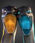  2018 3d_(artwork) bioluminescence digital_media_(artwork) dragon duo female gaping_mouth glowing hi_res jinnoaka looking_at_viewer male male/female mouth_shot open_mouth saliva scalie simple_background teeth tongue whiteperson ziina 