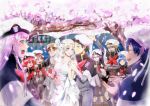  5boys 5girls bangs bare_shoulders bell black_hair blonde_hair blue_eyes blue_hair blush blush_stickers breasts bridal_veil brown_hair capelet cherry_blossoms cleavage collarbone commentary commentary_request couple darling_in_the_franxx dress english eyes_closed fangs flower futoshi_(darling_in_the_franxx) glasses gorou_(darling_in_the_franxx) green_eyes green_shorts grey_dress grey_legwear grey_shirt hair_ornament hairband hand_holding hand_up hat hetero hiro_(darling_in_the_franxx) holding holding_bell horns ichigo_(darling_in_the_franxx) ikuno_(darling_in_the_franxx) jewelry kokoro_(darling_in_the_franxx) light_brown_hair long_hair long_sleeves looking_at_another medium_breasts miku_(darling_in_the_franxx) military military_uniform mitsuru_(darling_in_the_franxx) multiple_boys multiple_girls necktie oni_horns peaked_cap petals pink_hair purple_eyes red_hair red_horns red_neckwear ring shirt shorts sleeveless sleeveless_dress socks temodemo_nor thick_eyebrows tree uniform veil wedding wedding_dress wedding_ring white_dress white_hairband yellow_eyes zero_two_(darling_in_the_franxx) zorome_(darling_in_the_franxx) 