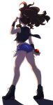  ass back baseball_cap black_vest black_wristband brown_hair chorimokki cutoffs denim denim_shorts full_body hat long_hair poke_ball pokemon pokemon_(game) pokemon_bw ponytail shadow shorts simple_background solo standing touko_(pokemon) vest white_background 