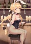  animal_ears bar_stool bare_shoulders blonde_hair blush bow bowtie breasts bubble_tea bunny_ears bunnysuit cleavage commentary_request covered_navel detached_collar drink eyebrows_visible_through_hair fake_animal_ears fishnet_pantyhose fishnets from_side hairband haoni indoors leotard long_hair looking_at_viewer low_twintails medium_breasts orange_eyes pantyhose shokuyou-kei_shoujo sitting solo stool twintails unmoving_pattern virtual_youtuber wrist_cuffs 