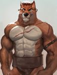  2018 abs anthro biceps canine clothed clothing digital_media_(artwork) fur gamutfeathers hi_res male mammal muscular pecs piercing scar solo topless wolf 
