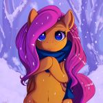 2018 absurd_res equine female fluttershy_(mlp) freckles friendship_is_magic hair hi_res looking_at_viewer mammal miokomata my_little_pony outside pegasus scarf snow solo tree wings 