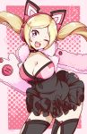  ;d animal_ears black_legwear blonde_hair blue_eyes breasts cat_ear_headphones cat_ears cat_tail choker cleavage commentary cowboy_shot english_commentary fang fur_trim gloves headphones highres long_hair lucky_chloe lyn_(shunao) medium_breasts one_eye_closed open_mouth paw_gloves paws pink_background smile solo tail tekken tekken_7 thighhighs twintails zettai_ryouiki 