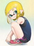  1girl domino_mask dondoruma female inkling looking_at_viewer mask nintendo pointy_ears shorts smile solo splatoon squatting tentacle_hair 