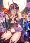  alcohol bare_shoulders blurry blurry_background blush breasts bridal_gauntlets commentary_request cup depth_of_field drooling fate/grand_order fate_(series) fingernails full_moon gourd hand_up head_tilt highres holding horns japanese_clothes kimono moon navel night night_sky nose_blush obi off_shoulder oni oni_horns open_mouth outdoors purple_eyes purple_hair purple_kimono revealing_clothes sakazuki sake saliva sash short_hair shuten_douji_(fate/grand_order) sky small_breasts solo xephonia 