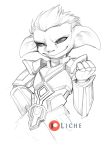  armor asura augment big_ears guild_wars hair humanoid licheart male monochrome simple_background smile venix video_games 