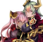  armor breast_smother breasts fire_emblem fire_emblem_heroes gauntlets green_hair horns hug laegjarn_(fire_emblem_heroes) laevateinn_(fire_emblem_heroes) large_breasts looking_at_viewer multiple_girls pink_hair red_eyes rem_sora410 simple_background white_background 