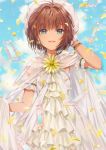  bangs blue_sky blush brown_hair cardcaptor_sakura clear_card cloud cloudy_sky commentary dangmill day dress earrings eyebrows_visible_through_hair flower flower_earrings green_eyes hair_between_eyes hand_up hat jewelry kinomoto_sakura outdoors parted_lips petals see-through short_hair sky sleeveless sleeveless_dress smile solo white_dress white_hat yellow_flower 