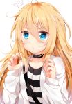  antenna_hair bangs black_choker blonde_hair blue_eyes blush choker claw_pose closed_mouth collarbone eyebrows_visible_through_hair fingernails hair_between_eyes highres jacket long_hair long_sleeves nahaki open_clothes open_jacket rachel_gardner satsuriku_no_tenshi shirt simple_background solo striped striped_shirt very_long_hair white_background white_jacket 