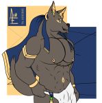  aereous anthro anubian_jackal anubis biceps black_fur bulge canine deity digital_media_(artwork) egyptian facial_piercing fur hi_res humanoid_penis jackal male mammal muscular muscular_male nipples nude pecs penis piercing simple_background solo vein 