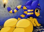  angry animal_crossing ankha_(animal_crossing) bandage blue_hair blush breasts butt feline female fire from_behind_(disambiguation) fur hair hieroglyphics looking_at_viewer lying mammal mrmochi nintendo short_hair solo symbol text torch video_games yellow_fur 