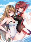  armor bangs black_swimsuit blonde_hair breasts covered_navel earrings fingerless_gloves gem gloves headpiece hikari_(xenoblade_2) homura_(xenoblade_2) hug jewelry large_breasts long_hair looking_at_viewer multiple_girls one-piece_swimsuit red_eyes red_hair shino_haruto short_hair simple_background swept_bangs swimsuit tiara xenoblade_(series) xenoblade_2 yellow_eyes 