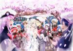  5girls absurdres bangs bare_shoulders bell black_hair blonde_hair blue_eyes blue_hair blush blush_stickers breasts bridal_veil brown_hair capelet cherry_blossoms cleavage closed_eyes collarbone commentary_request couple darling_in_the_franxx dress english_commentary fangs flower futoshi_(darling_in_the_franxx) glasses gorou_(darling_in_the_franxx) green_eyes green_shorts grey_dress grey_legwear grey_shirt hair_ornament hairband hand_up hat hetero highres hiro_(darling_in_the_franxx) holding holding_bell holding_hands horns huge_filesize ichigo_(darling_in_the_franxx) ikuno_(darling_in_the_franxx) jewelry kokoro_(darling_in_the_franxx) light_brown_hair long_hair long_sleeves looking_at_another medium_breasts miku_(darling_in_the_franxx) military military_uniform mitsuru_(darling_in_the_franxx) multiple_boys multiple_girls necktie oni_horns peaked_cap petals pink_hair purple_eyes red_hair red_horns red_neckwear ring shirt shorts sleeveless sleeveless_dress socks temodemo_nor thick_eyebrows tree uniform veil wedding wedding_dress wedding_ring white_dress white_hairband yellow_eyes zero_two_(darling_in_the_franxx) zorome_(darling_in_the_franxx) 