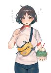  black_hair breasts brown_eyes cantaloupe commentary_request fanny_pack food fruit highres hotomura_(muramura69) ice_cream large_breasts looking_at_viewer open_mouth original sausage shirt short_hair t-shirt 