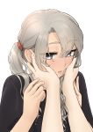  alternate_hairstyle blush commentary_request earrings eyebrows_visible_through_hair eyes_visible_through_hair fingernails grey_eyes hair_between_eyes hands_on_another's_cheeks hands_on_another's_face hands_up highres jewelry kantai_collection long_hair looking_away looking_down looking_to_the_side maikaze_(kantai_collection) multiple_girls nose_blush nowaki_(kantai_collection) ring side_ponytail silver_hair simple_background stud_earrings twitter_username upper_body wavy_hair wedding_band white_background yotsura 