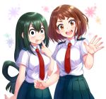  :d :p asui_tsuyu blush boku_no_hero_academia breasts brown_eyes clenched_hand collared_shirt finger_to_mouth floral_print green_eyes green_hair hands highres large_breasts looking_at_viewer medium_breasts megiha multiple_girls necktie open_mouth school_uniform shirt short_sleeves simple_background skirt smile tongue tongue_out u.a._school_uniform uraraka_ochako waving white_background 