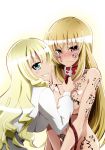  2girls artist_request blonde_hair blush body_writing clothed_female_nude_female collar femdom leash long_hair looking_at_viewer multiple_girls nude smile translation_request yuri 