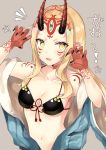  bikini black_bikini blonde_hair blue_kimono breasts facial_mark fate/grand_order fate_(series) forehead_mark fou_(ssqseeker) gao highres horns ibaraki_douji_(fate/grand_order) ibaraki_douji_(swimsuit_lancer)_(fate) japanese_clothes kimono long_hair oni oni_horns pointy_ears solo swimsuit yellow_eyes 