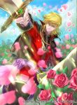  black_cape black_footwear blonde_hair boots cape coat collar collared_cape commentary_request eltoshan_(fire_emblem) fire_emblem fire_emblem:_seisen_no_keifu fire_emblem_cipher flower holding holding_sword holding_weapon horse horseback_riding knee_boots lips looking_at_viewer male_focus medium_hair official_art petals pink_flower pink_rose red_coat riding rose sidelocks smile solo suzuki_rika sword turtleneck weapon yellow_eyes 