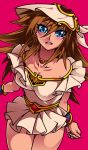  1girl artist_request blue_eyes blush breasts brown_hair curvy dark_skin hat large_breasts long_hair looking_at_viewer mana_(yuu-gi-ou) solo yu-gi-oh! yuu-gi-ou yuu-gi-ou_duel_monsters 