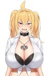  1girl ahoge bangs black_bra blonde_hair blush bra breasts cleavage collar front-tie_top highres huge_breasts jewelry kirome lace lace-trimmed_bra long_hair looking_at_viewer necklace open_mouth orange_eyes saaya_(kirome) shirt twintails underwear upper_body white_shirt 