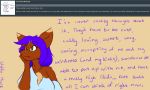  2018 breasts canine chest_tuft clothed clothing dialogue english_text eyebrows eyelashes female fully_clothed hair kierra_holt long_hair mammal purple_hair shirt signature simple_background standing text thinking tuft wolf wolfie-pawz 