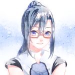  black_hair chinese_commentary commentary_request glasses grin hair_between_eyes hanebado! high_ponytail izumi_riko long_hair red-framed_eyewear semi-rimless_eyewear smile solo under-rim_eyewear uniform wuxi 