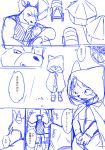  2016 anthro caravan cat clothing comic detailed_background dialogue digital_drawing_(artwork) digital_media_(artwork) dragon duo feline hood japanese_text looking_back male mammal manmosu_marimo monochrome outside scalie shy simple_background sketch speech_bubble tent text translation_request wagon white_background young 
