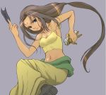  arc_the_lad arc_the_lad_ii bare_shoulders breasts brown_hair candle cleavage closed_mouth commentary_request dark_skin hosshi_(nariagari) long_hair looking_at_viewer low-tied_long_hair midriff navel sania_(arc_the_lad) simple_background solo tank_top voodoo_doll 