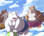  2008 anthro ayame42612 bear belly canine clothing fur group humanoid_hands male mammal moobs navel open_mouth overweight overweight_male polar_bear swimsuit tanuki water white_fur 
