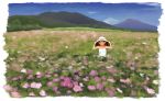  bare_shoulders blue_sky brown_hair casual collarbone commentary_request day dress field flower flower_field hat highres kantai_collection medium_hair mountainous_horizon outdoors ryuujou_(kantai_collection) scenery sky solo sun_hat sundress taruhi 